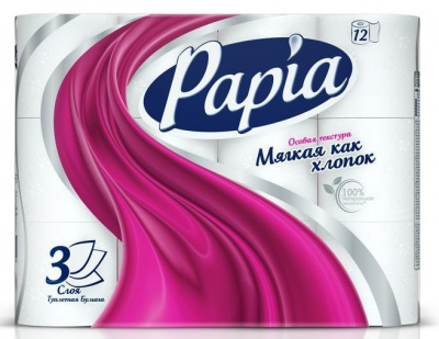 Туалетная бумага PAPIA белая, 3-слоя, 12-рулонов