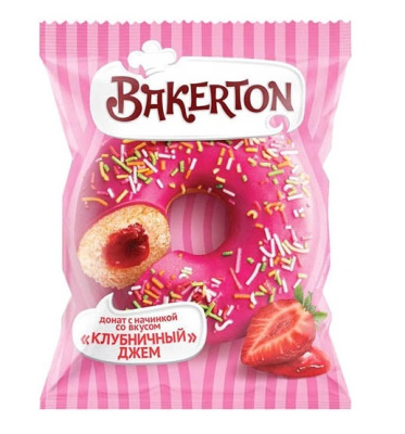 Донат клубника с начинкой клубничный джем 67г*36шт Bakerton в инд/уп