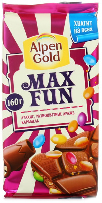 Шоколад ALPEN GOLD Max Fun с арахисом, разноцветными драже и карамелью 160г      